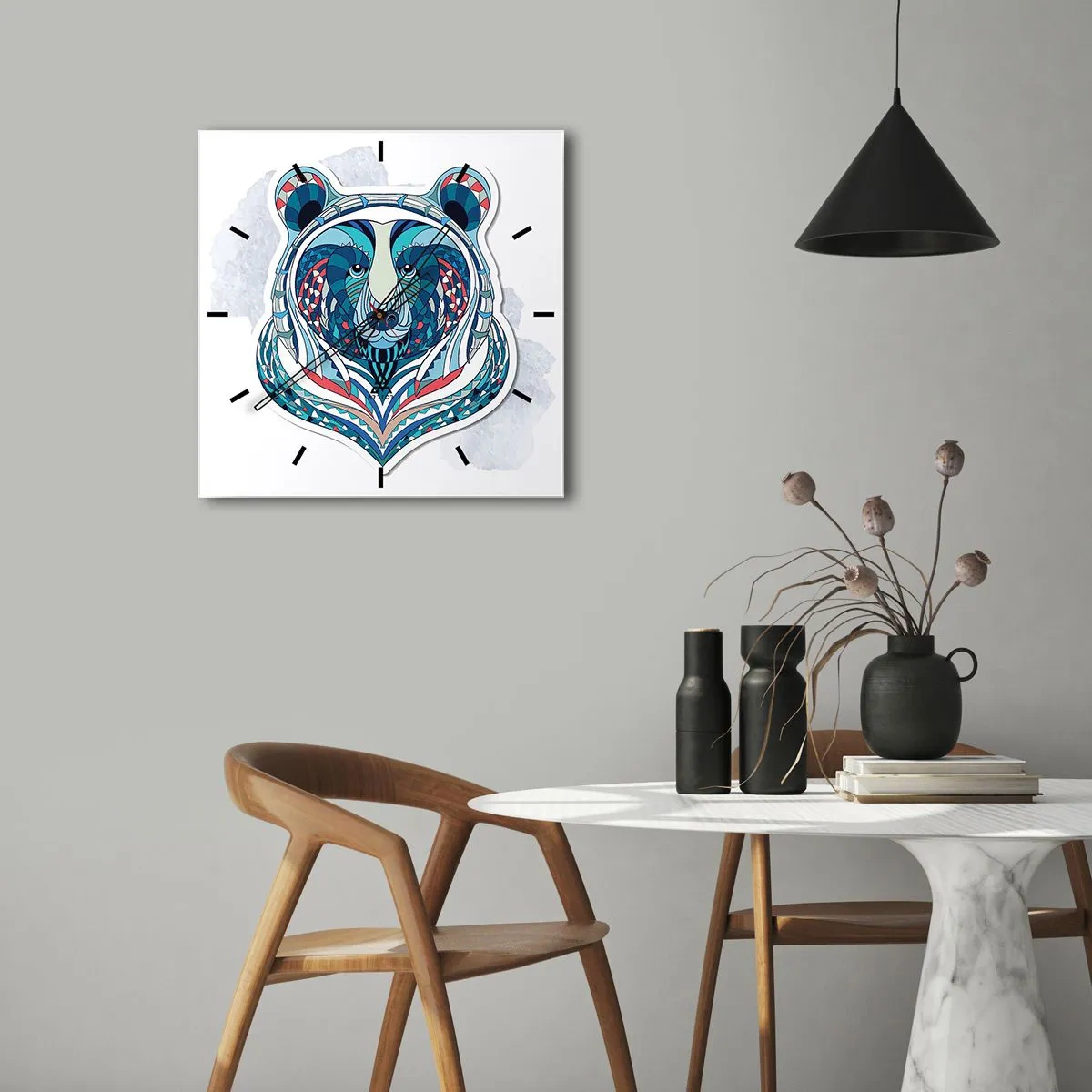 Wanduhr - Glasuhr - Geometrischer Bär in Blau- und Rottönen - 30x30cm - Eviva Grönland! - Moderne Wanddekoration für Wohnzimmer und Schlafzimmer ARTTOR