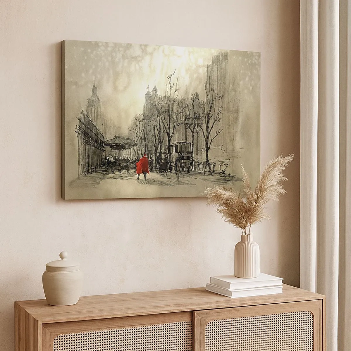 Bild auf Leinwand - Leinwandbild - Eine rote Figur in einer nostalgischen urbanen Umgebung - 70x50cm - Ein Date im Londoner Nebel - Moderne Wanddekoration für Wohnzimmer und Schlafzimmer ARTTOR
