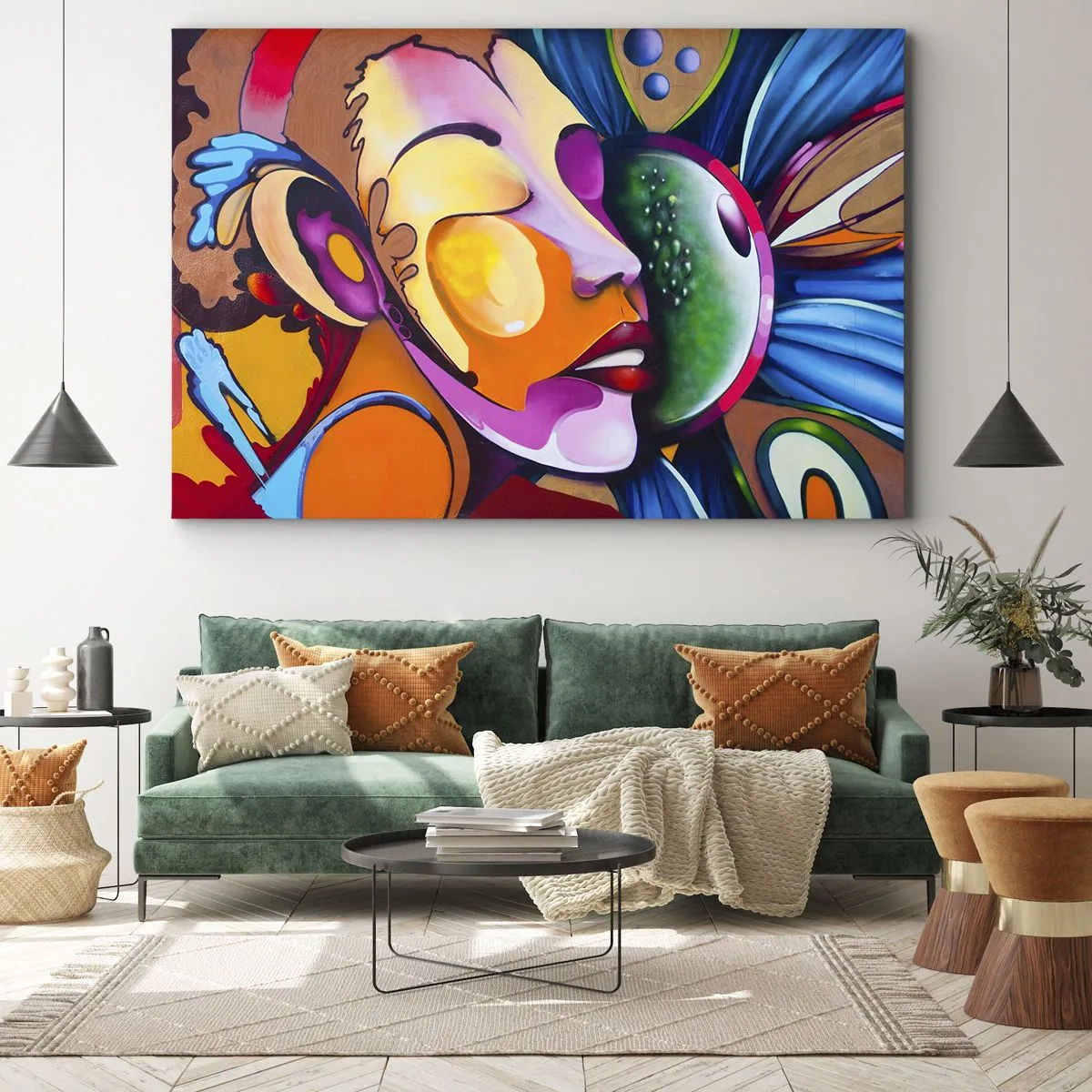Bild auf Leinwand - Leinwandbild - Eine farbenfrohe Abstraktion mit einem Gesichtsmotiv in einer dynamischen Komposition - 70x50cm - Mit Farbe berühren - Moderne Wanddekoration für Wohnzimmer und Schlafzimmer ARTTOR