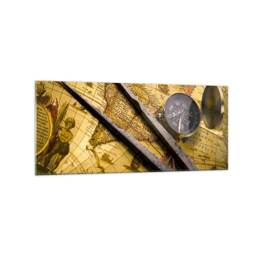 Glasbild - Bild auf glas - Eine antike Weltkarte mit einem Kompass und einem Zirkel im Hintergrund - 120x50cm - Wo sind diese Schätze? - Moderne Wanddekoration für Wohnzimmer und Schlafzimmer ARTTOR