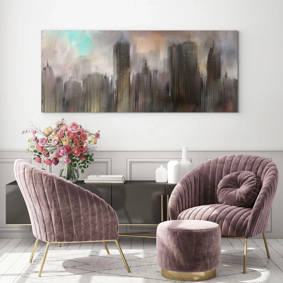 Glasbild - Bild auf glas - Eine künstlerische Vision einer Stadtlandschaft mit Wolkenkratzern in Pastellfarben. - 120x50cm - Eine Komposition aus Stahl, Stein und Nebel - Moderne Wanddekoration für Wohnzimmer und Schlafzimmer ARTTOR