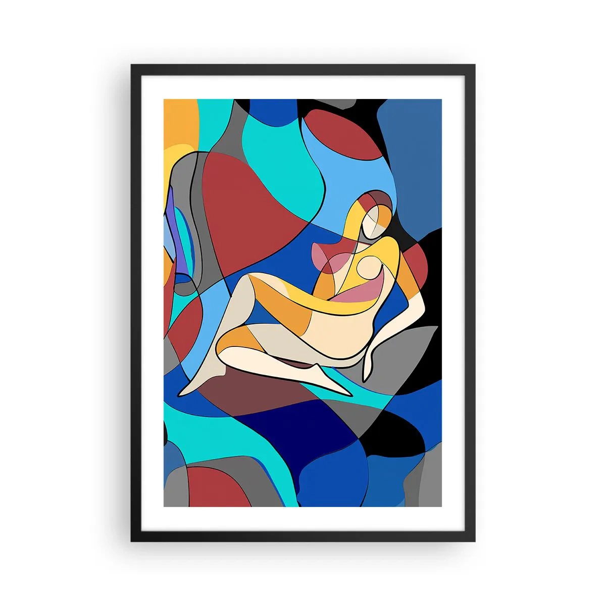 Poster in einem schwarzem Rahmen - Abstrakte Silhouette einer Frau in einer farbenfrohen Komposition - 50x70cm - Kubistischer Akt - Moderne Wanddekoration für Wohnzimmer und Schlafzimmer ARTTOR