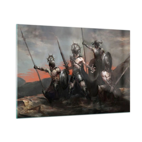 Glasbild - Bild auf glas - Krieger mit Speeren und Schilden vor dem roten Himmel - 100x70cm - Mit oder auf einem Schild - Moderne Wanddekoration für Wohnzimmer und Schlafzimmer ARTTOR