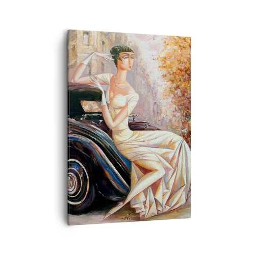 Bild auf Leinwand - Leinwandbild - Retro-Frau neben Oldtimer - 50x70cm - Eleganz im Retro-Stil - Moderne Wanddekoration für Wohnzimmer und Schlafzimmer ARTTOR
