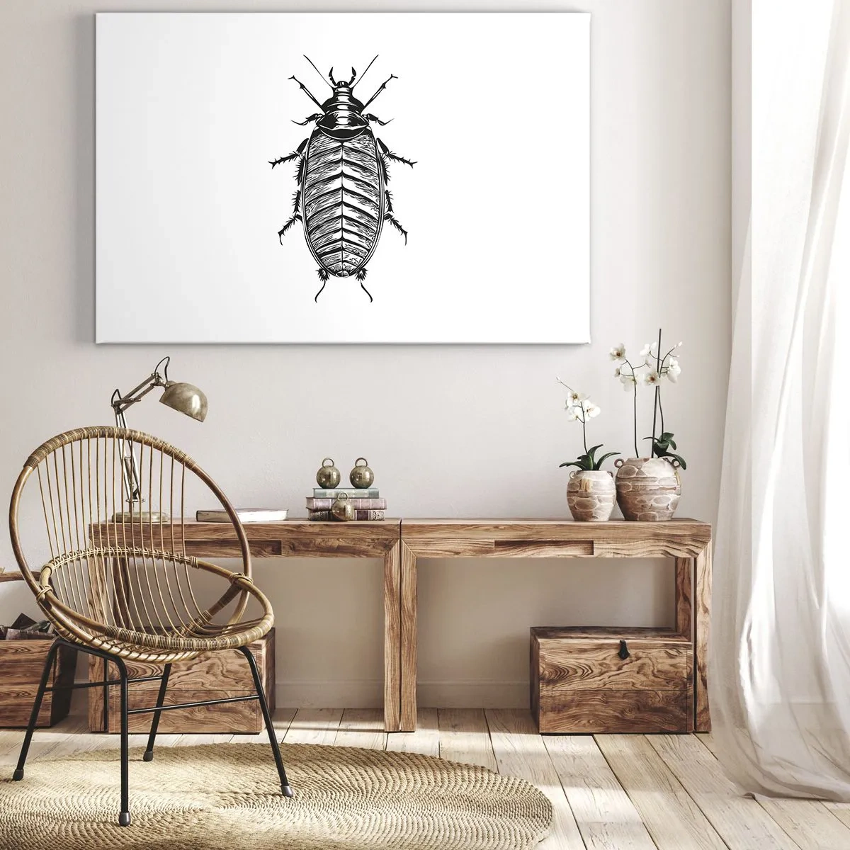 Bild auf Leinwand - Leinwandbild - Grafik eines schwarz-weißen Insekts auf weißem Hintergrund - 70x50cm - Was für ein Exemplar! - Moderne Wanddekoration für Wohnzimmer und Schlafzimmer ARTTOR