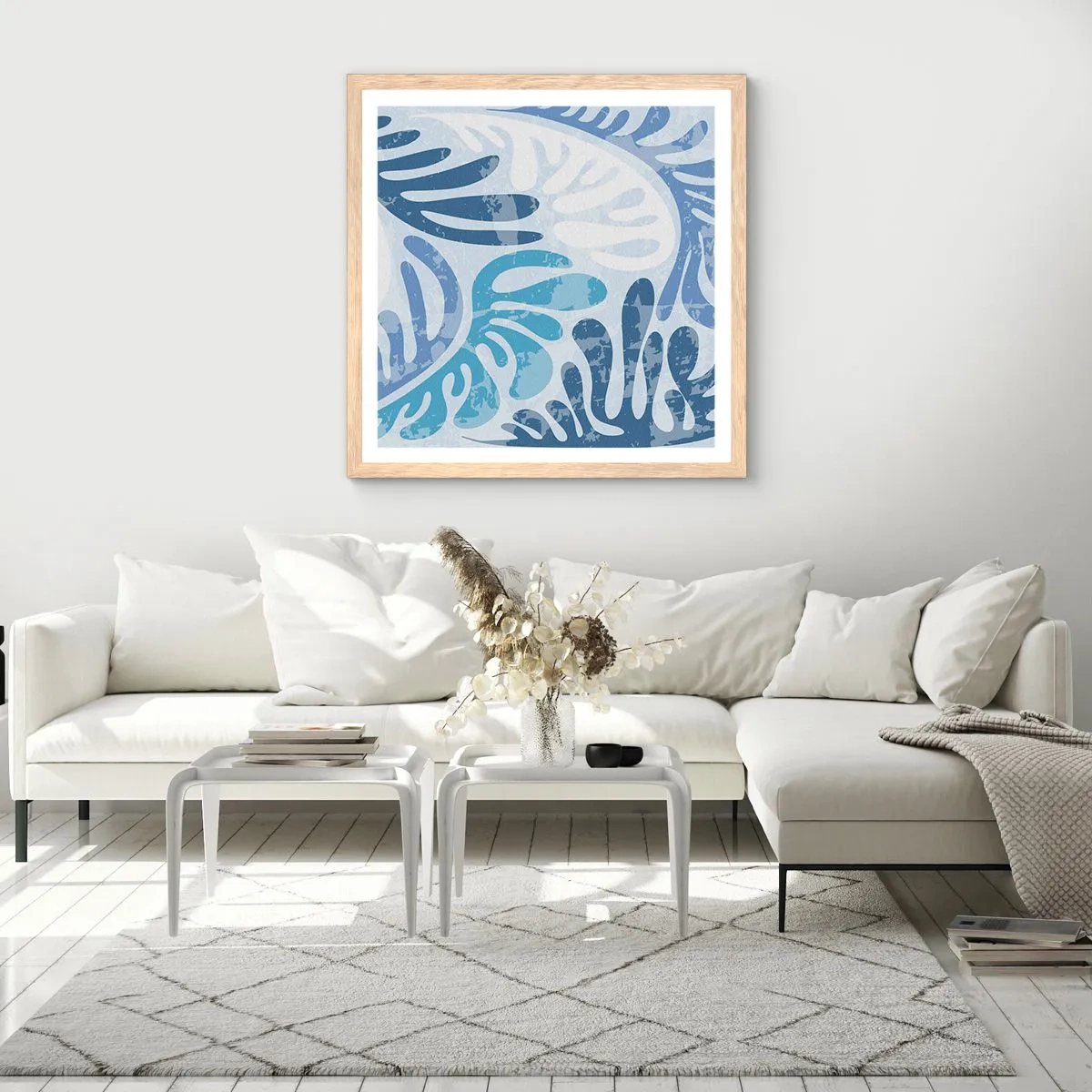 Poster in einem Rahmen aus heller Eiche - Blaue Farne - 30x30 cm
