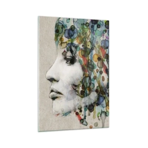 Glasbild - Bild auf glas - Profil einer Frau in Aquarellfarben mit abstraktem Hintergrund - 70x100cm - Sie tauchte aus dem Grau auf - Moderne Wanddekoration für Wohnzimmer und Schlafzimmer ARTTOR