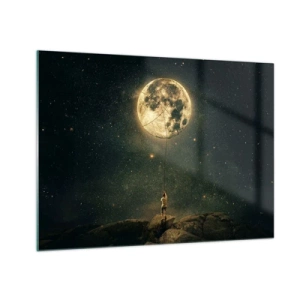 Glasbild - Bild auf glas - Eine Figur auf einem Felsen hält den Mond, der an einem Seil gefangen ist. - 70x50cm - Der Mann, der den Mond gestohlen hat - Moderne Wanddekoration für Wohnzimmer und Schlafzimmer ARTTOR
