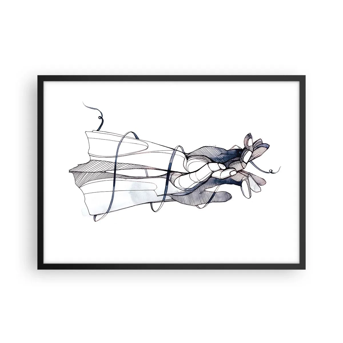 Poster in einem schwarzem Rahmen - Eine subtile Zeichnung einer Hand mit einer zarten Blume - 70x50cm - Touch-Studie - Moderne Wanddekoration für Wohnzimmer und Schlafzimmer ARTTOR