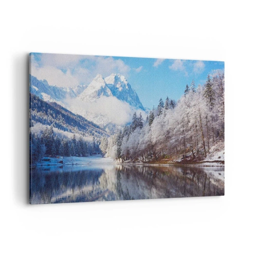 Bild auf Leinwand - Leinwandbild - Winterliche Berglandschaft mit schneebedeckten Bäumen und einem See - 100x70cm - Schneefang - Moderne Wanddekoration für Wohnzimmer und Schlafzimmer ARTTOR