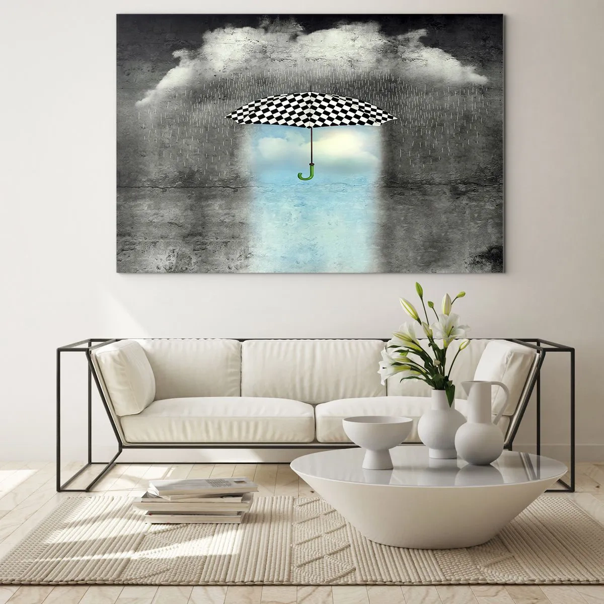 Glasbild - Bild auf glas - Ein schwarz-weiß karierter Regenschirm vor einem Hintergrund aus Regen und Wolken - 120x80cm - Aber möglich - Moderne Wanddekoration für Wohnzimmer und Schlafzimmer ARTTOR