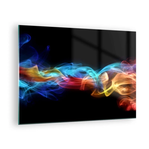 Glasbild - Bild auf glas - Bunte Rauchstreifen auf schwarzem Hintergrund erzeugen ein abstraktes Muster - 70x50cm - Regenbogentanz der Nebel - Moderne Wanddekoration für Wohnzimmer und Schlafzimmer ARTTOR