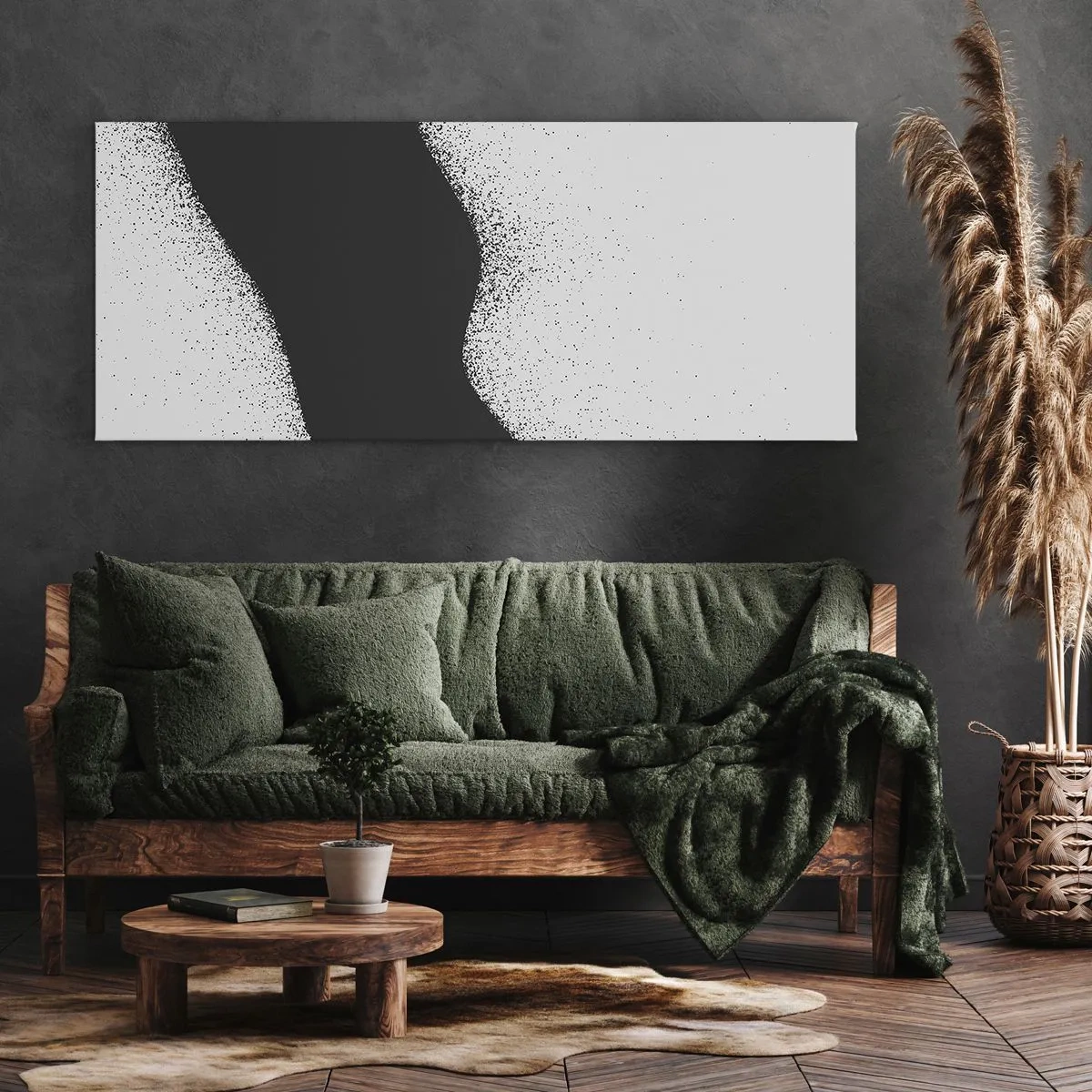 Bild auf Leinwand - Leinwandbild - Abstraktes schwarz-weißes Muster mit zarten Punkten auf Leinwand - 160x50cm - Flüssiges Gleichgewicht - Moderne Wanddekoration für Wohnzimmer und Schlafzimmer ARTTOR