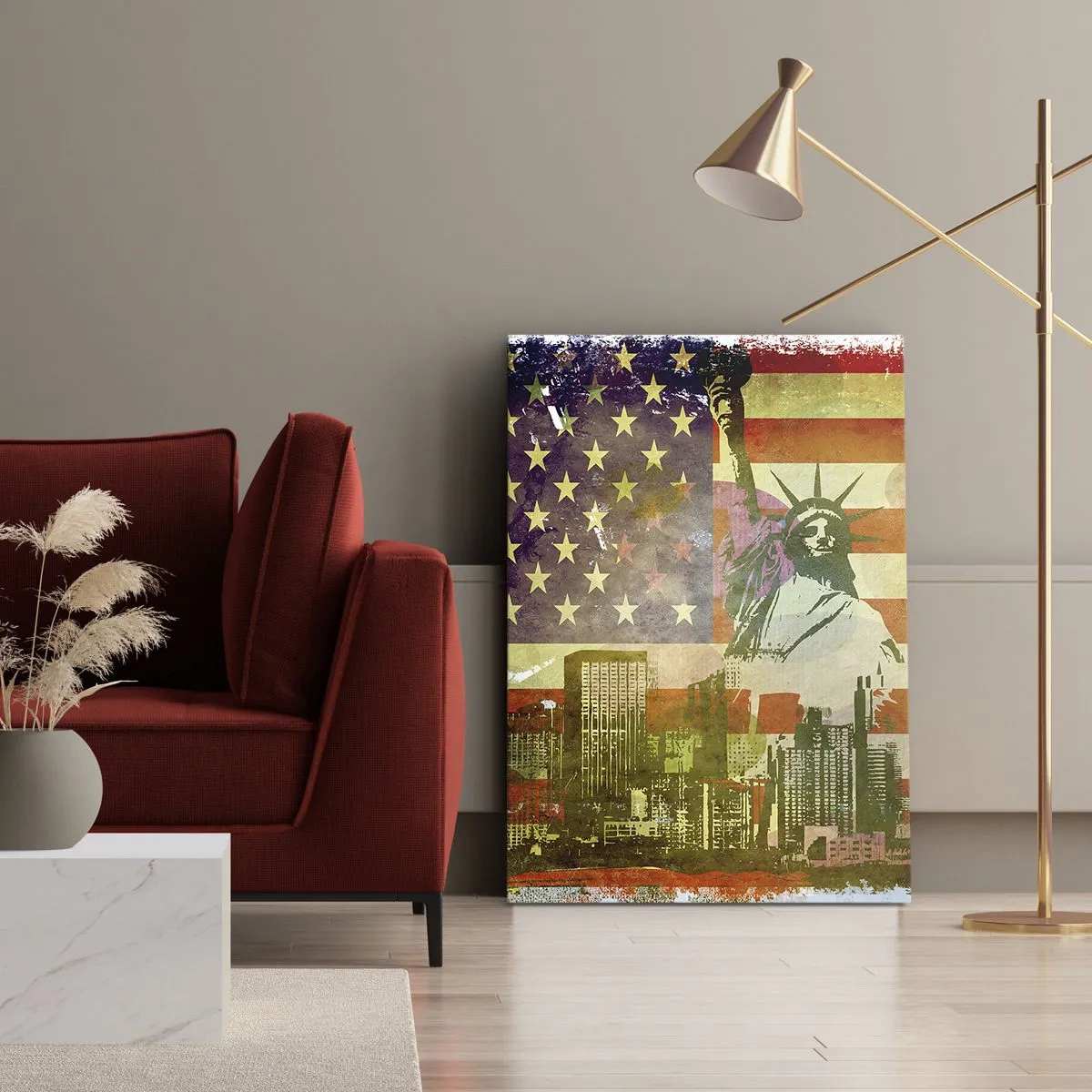 Bild auf Leinwand - Leinwandbild - Die Freiheitsstatue vor dem Hintergrund der amerikanischen Flagge und der Skyline der Stadt - 80x120cm - Viva Amerika! - Moderne Wanddekoration für Wohnzimmer und Schlafzimmer ARTTOR