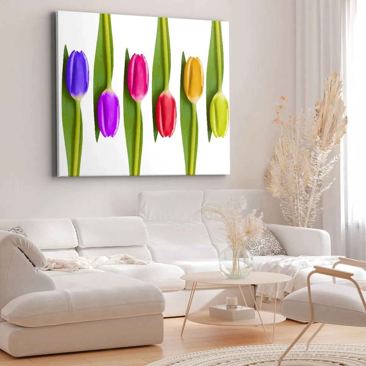 Bild auf Leinwand - Leinwandbild - Bunte Tulpen in einer Reihe auf weißem Hintergrund angeordnet - 70x50cm - Regenbogenkomposition - Moderne Wanddekoration für Wohnzimmer und Schlafzimmer ARTTOR