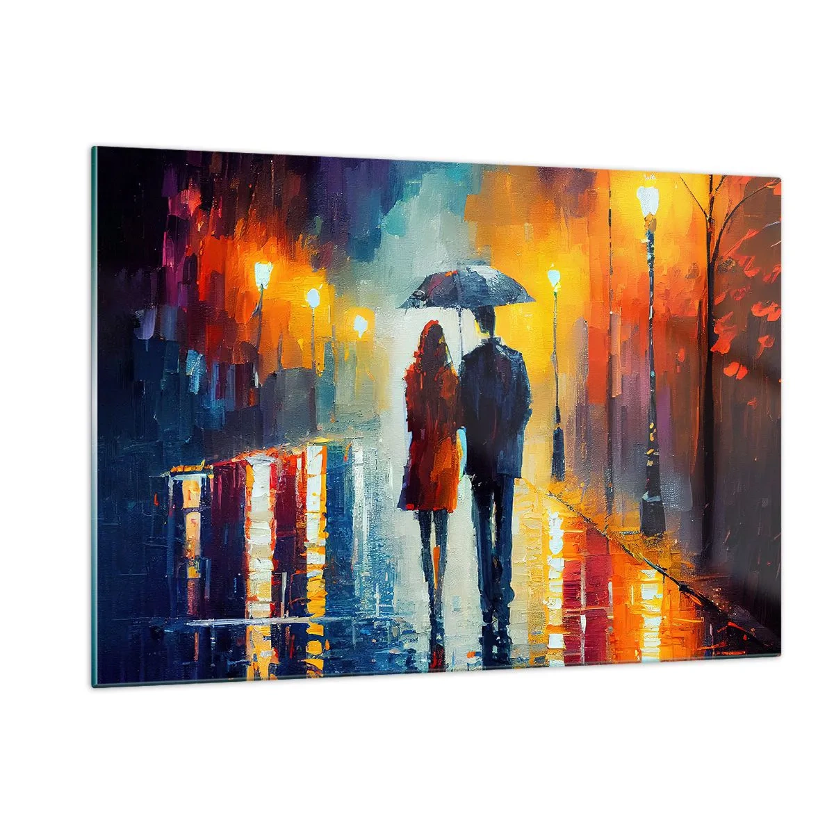 Glasbild - Bild auf glas - Ein Paar unter einem Regenschirm auf einer farbenfrohen Nachtstraße im Regen. - 120x80cm - Gemeinsam – eine bunte Nacht - Moderne Wanddekoration für Wohnzimmer und Schlafzimmer ARTTOR