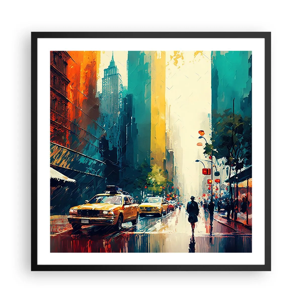 Poster in einem schwarzem Rahmen - New York – selbst der Regen ist hier bunt - 60x60 cm