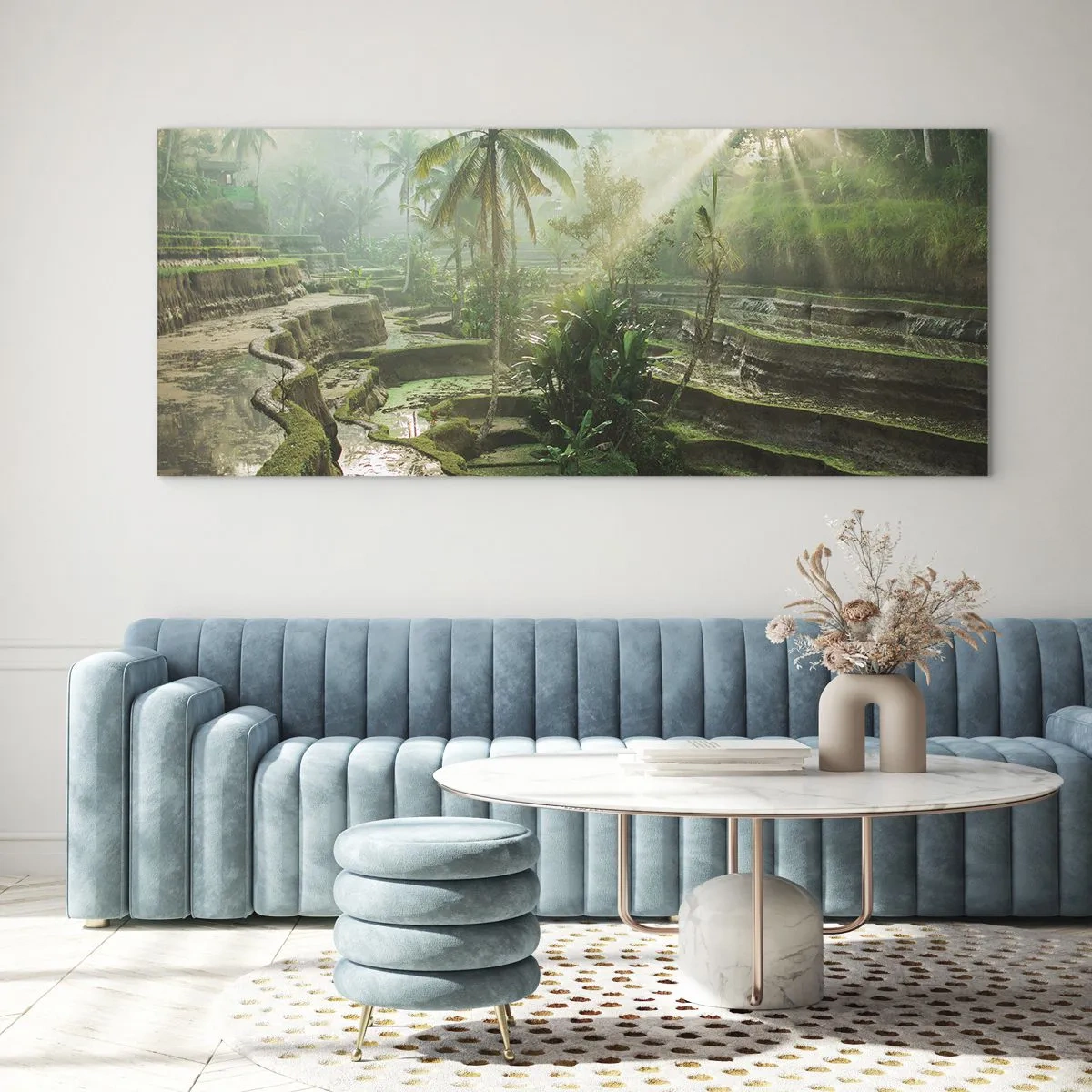 Glasbild - Bild auf glas - Reisterrassen mit Palmen in den Sonnenstrahlen - 120x50cm - In der Sonne aufwachsen - Moderne Wanddekoration für Wohnzimmer und Schlafzimmer ARTTOR