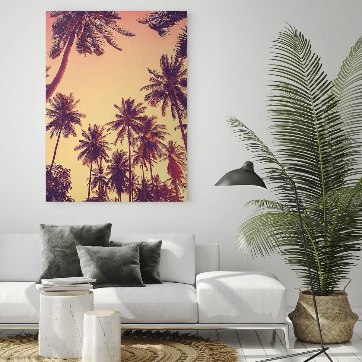 Glasbild - Bild auf glas - Palmen vor dem Himmel mit warmen Sonnenuntergangsfarben - 80x120cm - Tropische Variante - Moderne Wanddekoration für Wohnzimmer und Schlafzimmer ARTTOR