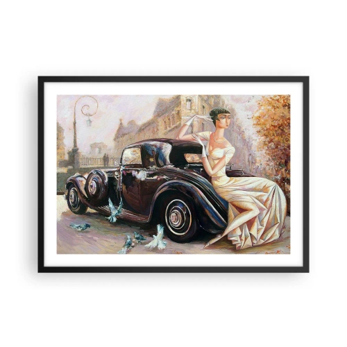 Poster in einem schwarzem Rahmen - Retro-Frau neben Oldtimer - 70x50cm - Eleganz im Retro-Stil - Moderne Wanddekoration für Wohnzimmer und Schlafzimmer ARTTOR