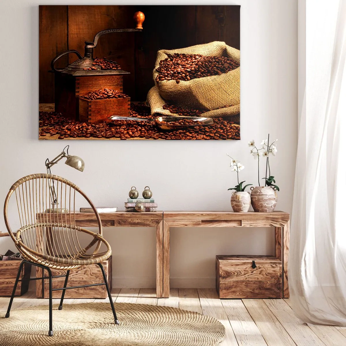 Bild auf Leinwand - Leinwandbild - Eine alte Kaffeemühle mit Bohnen und einer Tasche im rustikalen Stil. - 100x70cm - Stillleben mit Kaffeebohnen und einer Mühle - Moderne Wanddekoration für Wohnzimmer und Schlafzimmer ARTTOR