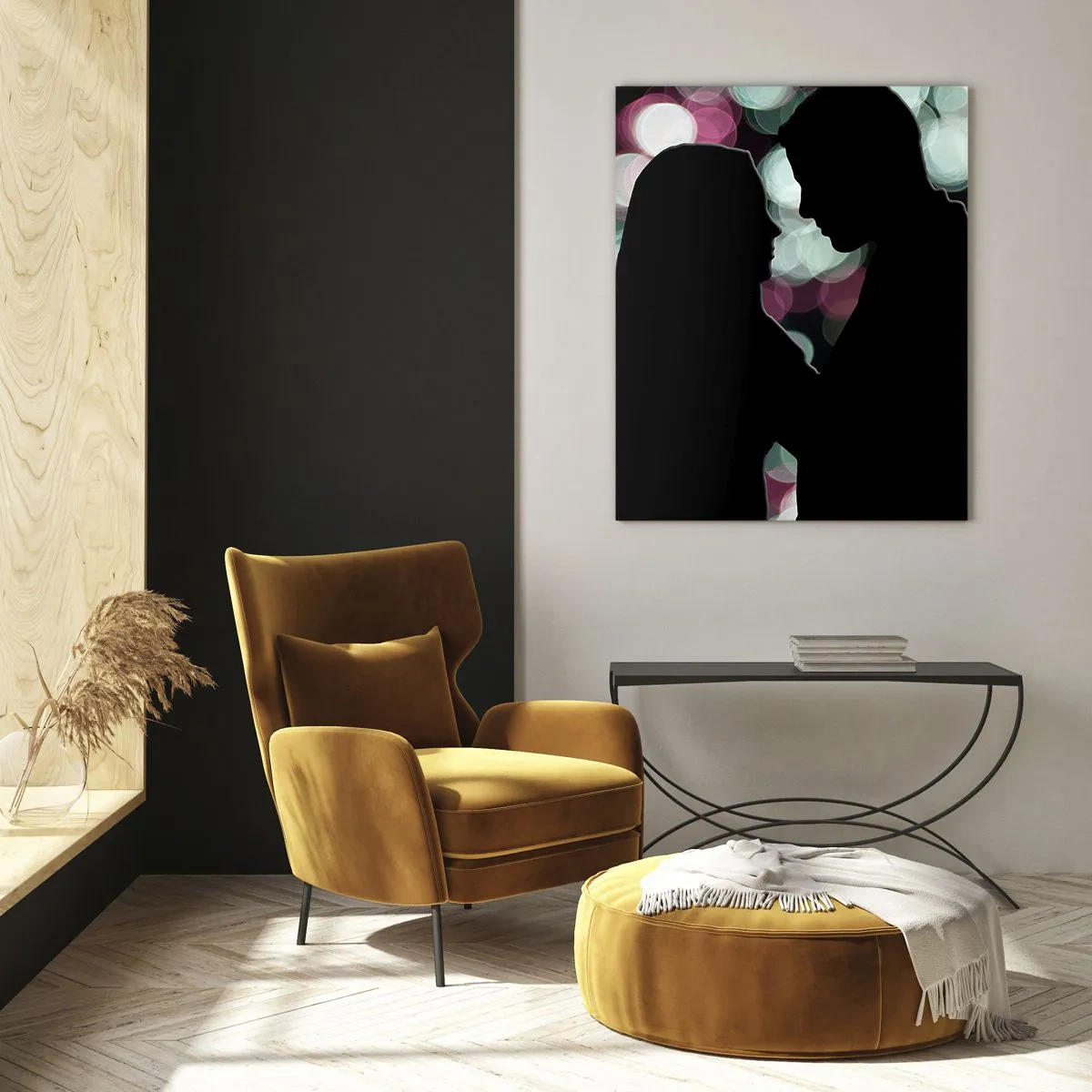 Glasbild - Bild auf glas - Silhouetten eines Paares vor dem Hintergrund bunter Bokeh-Lichter - 50x70cm - Jawohl! - Moderne Wanddekoration für Wohnzimmer und Schlafzimmer ARTTOR