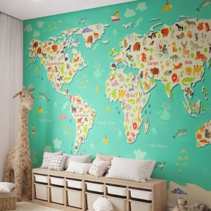 Selbstklebende Fototapete Deluxe Sticker - Wir lieben die ganze Welt - Weltkarte, Tiere, Für Kinder - 450x315 cm