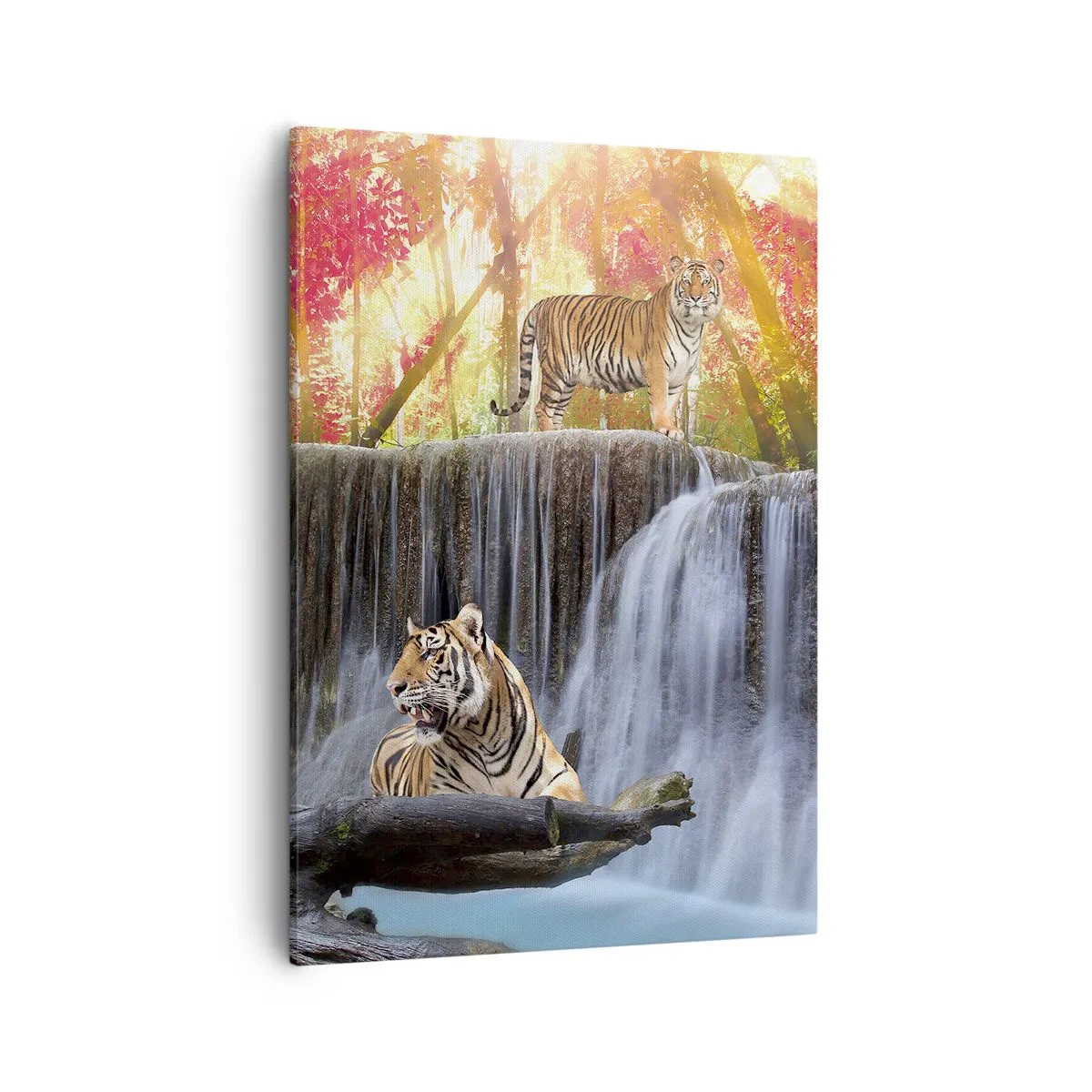 Bild auf Leinwand - Leinwandbild - Tiger an einem Wasserfall im Herbstwald - 50x70cm - Surreale Landschaft - Moderne Wanddekoration für Wohnzimmer und Schlafzimmer ARTTOR
