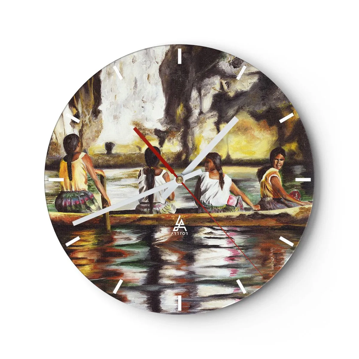 Wanduhr - Glasuhr - Frauen auf einem Boot in einer tropischen Landschaft mit Wasser und Felsen - 30x30cm - In einem polynesischen Paradies - Moderne Wanddekoration für Wohnzimmer, Küche und Schlafzimmer ARTTOR