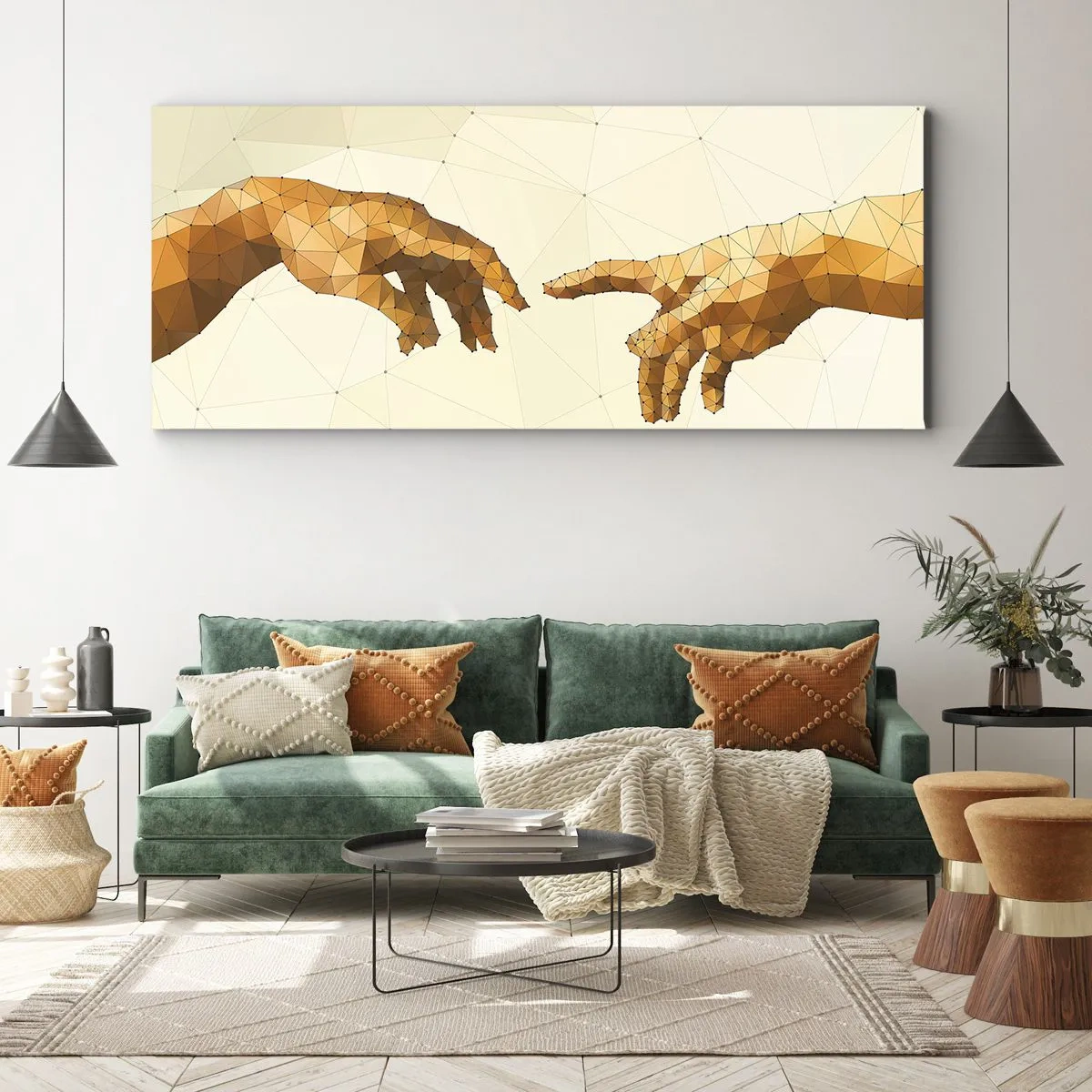 Bild auf Leinwand - Leinwandbild - Geometrische Hände, die sich vor hellem Hintergrund nacheinander ausstrecken - 160x50cm - Göttliche Geometrie - Moderne Wanddekoration für Wohnzimmer und Schlafzimmer ARTTOR