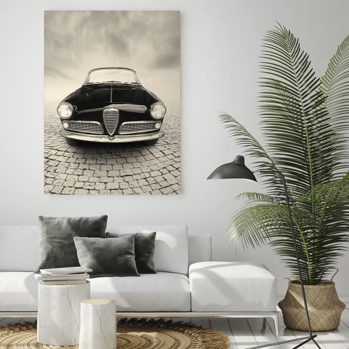 Glasbild - Bild auf glas - Oldtimer auf Kopfsteinpflasterstraße in Schwarz und Weiß - 50x70cm - Man muss mich einfach lieben - Moderne Wanddekoration für Wohnzimmer und Schlafzimmer ARTTOR