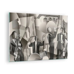 Glasbild - Bild auf glas - Stilisierte Jazzband-Bühne in monochromen Tönen - 70x50cm - Im Raum der Klänge - Moderne Wanddekoration für Wohnzimmer und Schlafzimmer ARTTOR