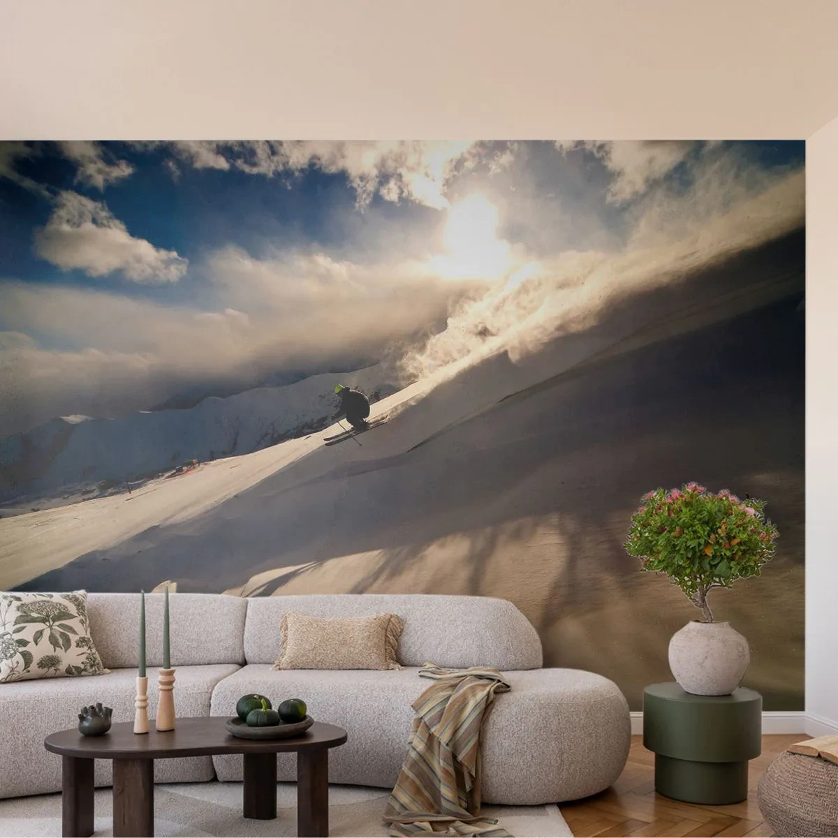 Fototapete Premium Sand - Ein Skifahrer im Flug auf einem schneebedeckten Berghang - 100x70cm - Bergherausforderung angenommen - Moderne Wanddekoration für Wohnzimmer und Schlafzimmer ARTTOR