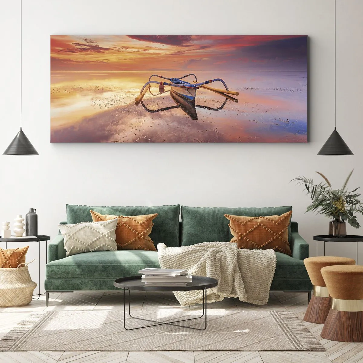 Bild auf Leinwand - Leinwandbild - Ein Boot auf ruhigem Wasser bei Sonnenuntergang - 160x50cm - Die Ruhe eines tropischen Abends - Moderne Wanddekoration für Wohnzimmer und Schlafzimmer ARTTOR