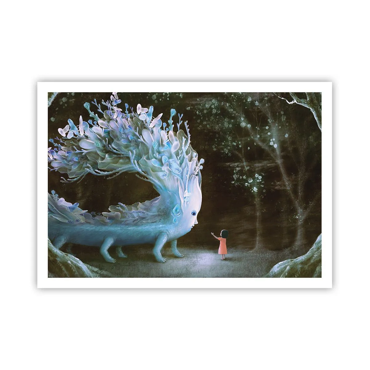 Poster - Die Figur eines Mädchens, das einem fantastischen Wesen gegenübersteht - 100x70cm - Fantastisches Treffen - Moderne Wanddekoration für Wohnzimmer und Schlafzimmer ARTTOR