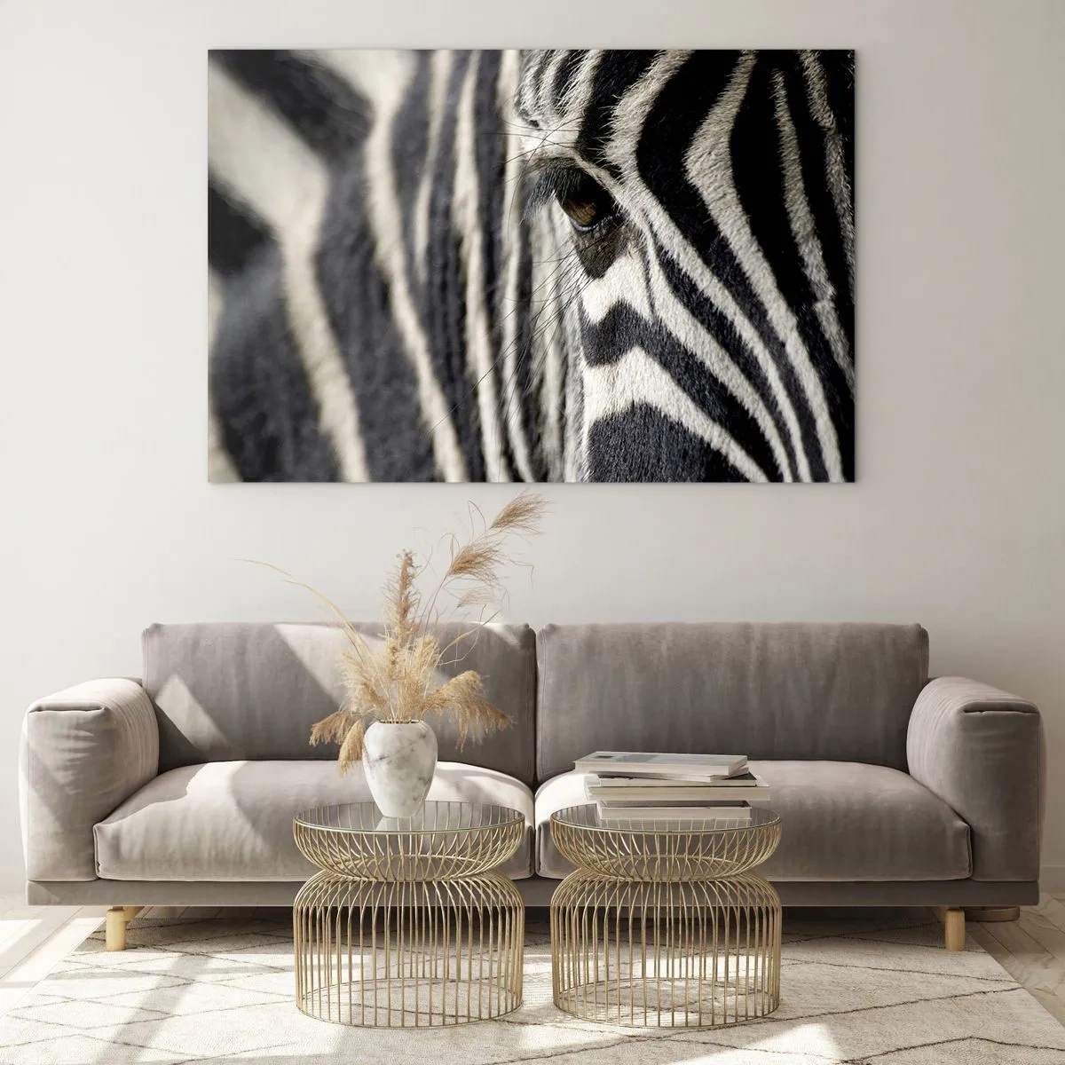 Glasbild - Bild auf glas - Nahaufnahme eines Zebraauges und schwarz-weißer Streifen - 120x80cm - Gestreiftes Porträt - Moderne Wanddekoration für Wohnzimmer und Schlafzimmer ARTTOR