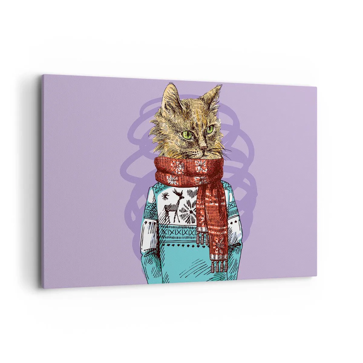 Bild auf Leinwand - Leinwandbild - Eine Katze in Pullover und Schal auf violettem Hintergrund - 120x80cm - Die Katze nicht nur in Schuhen - Moderne Wanddekoration für Wohnzimmer und Schlafzimmer ARTTOR
