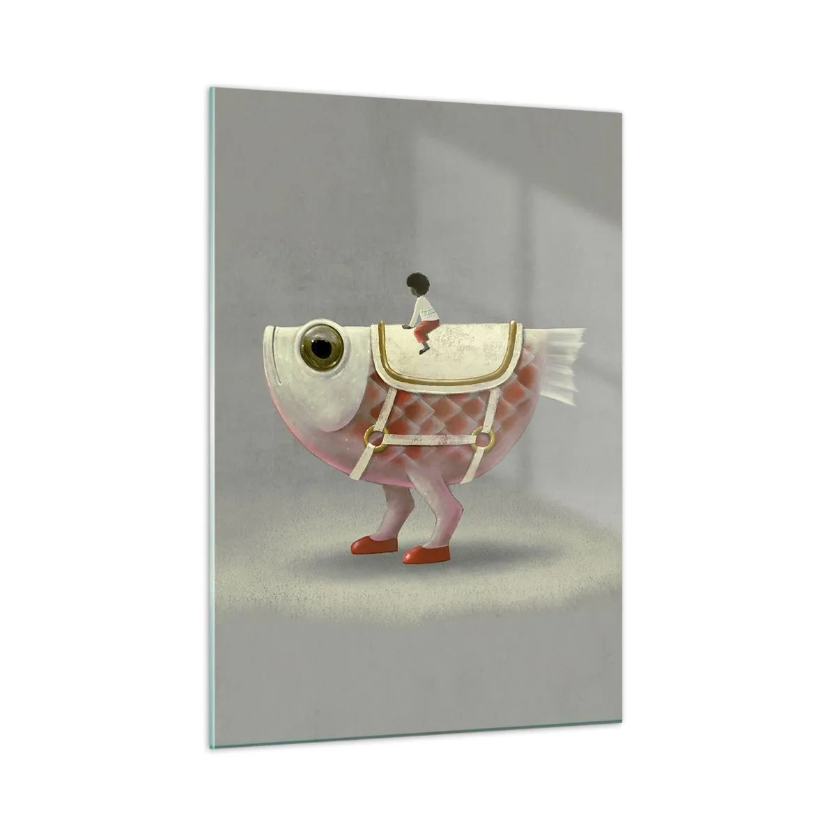 Glasbild - Bild auf glas - Eine Figur, die auf einem rosa Fisch mit Beinen und Sattel reitet - 50x70cm - Reiter auf einem surrealen Fisch - Moderne Wanddekoration für Wohnzimmer und Schlafzimmer ARTTOR