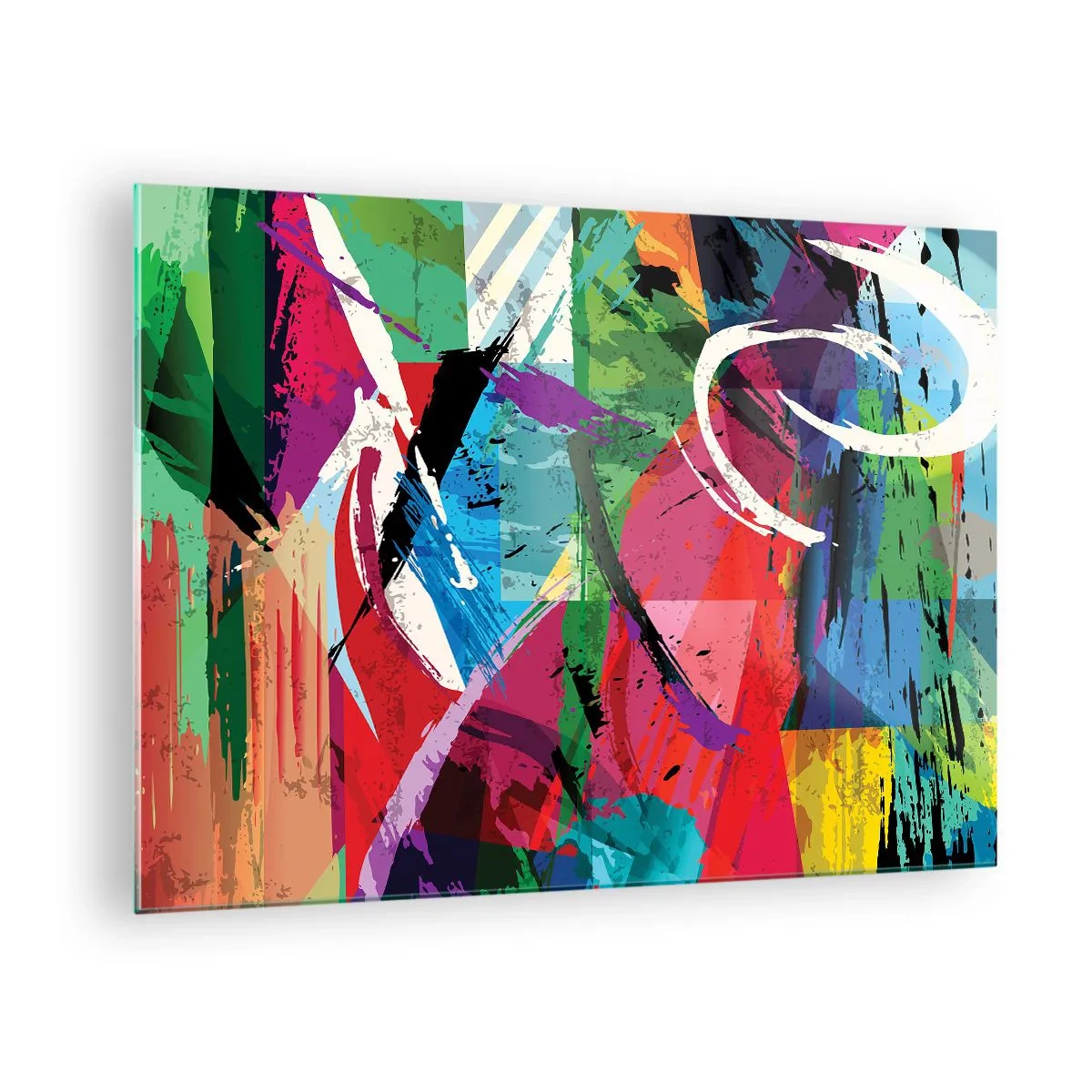Glasbild - Bild auf glas - Bunte Abstraktion mit dynamischen Formen und Texturen - 70x50cm - Schnell, spritzig und springt - Moderne Wanddekoration für Wohnzimmer und Schlafzimmer ARTTOR