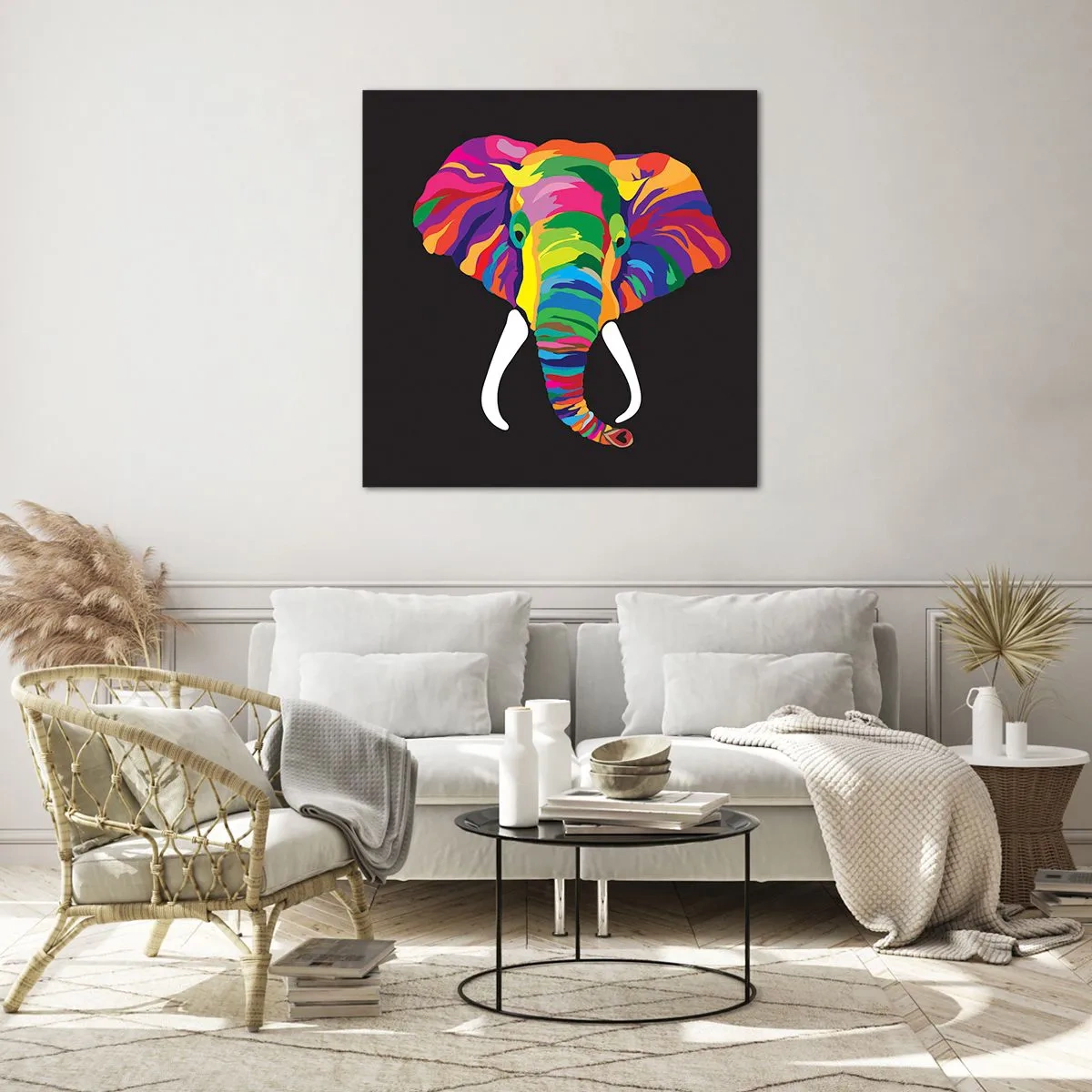 Glasbild - Bild auf glas - Der Elefant, der es liebte, im Regenbogen zu baden - 30x30 cm