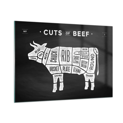 Glasbild - Bild auf glas - Rindfleischschnittdiagramm auf einer schwarzen Tafel - 100x70cm - Metzger Grundierung - Moderne Wanddekoration für Wohnzimmer und Schlafzimmer ARTTOR