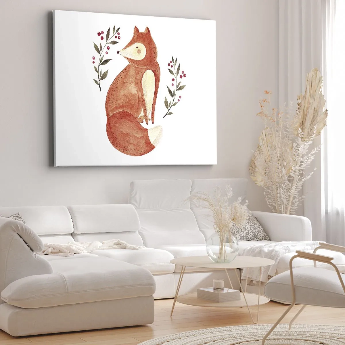 Bild auf Leinwand - Leinwandbild - Ein Aquarellfuchs, umgeben von Zweigen mit Beeren - 70x50cm - Kleine Rothaarige - Moderne Wanddekoration für Wohnzimmer und Schlafzimmer ARTTOR
