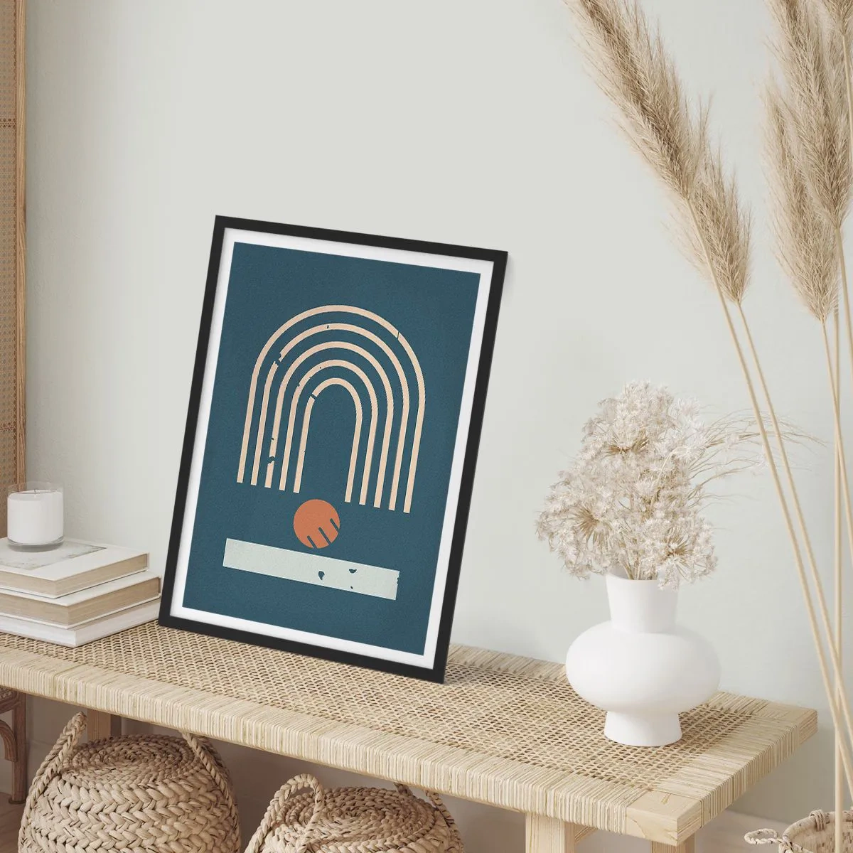 Poster in einem schwarzem Rahmen - Geometrische Bögen und eine Kugel auf dunklem Hintergrund - 50x70cm - Geometrie auf dem Granatapfel - Moderne Wanddekoration für Wohnzimmer und Schlafzimmer ARTTOR