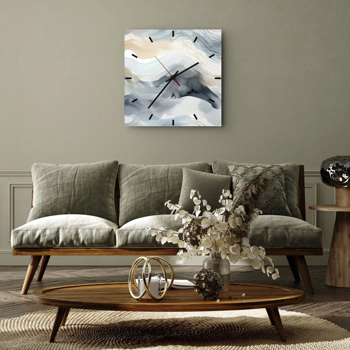 Wanduhr - Glasuhr - Eine zarte Abstraktion mit Bergmotiv in Pastelltönen. - 30x30cm - Verschneite und neblige Abstraktion - Moderne Wanddekoration für Wohnzimmer und Schlafzimmer ARTTOR