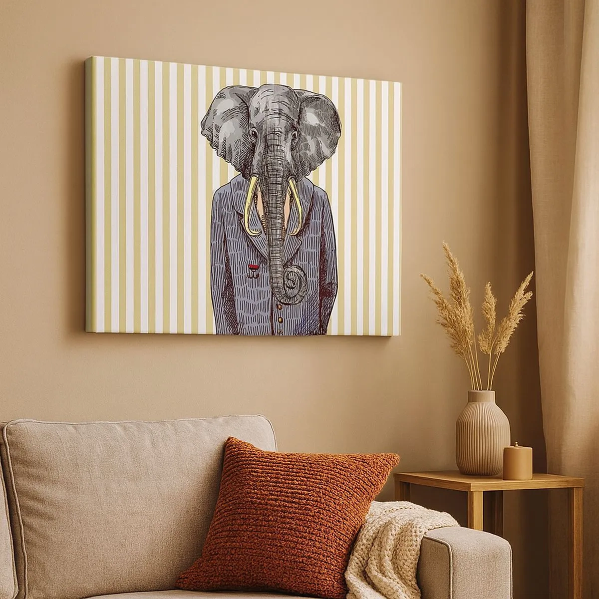 Bild auf Leinwand - Leinwandbild - Ein Elefant im Anzug vor einem Hintergrund aus beigen Streifen - 70x50cm - Von Natur aus elegant - Moderne Wanddekoration für Wohnzimmer und Schlafzimmer ARTTOR
