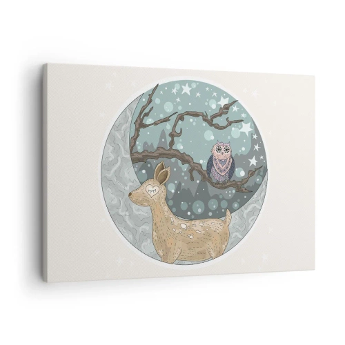 Bild auf Leinwand - Leinwandbild - Ein Reh und eine Eule in einer märchenhaften Nachtlandschaft - 70x50cm - Eine märchenhafte Waldnacht - Moderne Wanddekoration für Wohnzimmer und Schlafzimmer ARTTOR