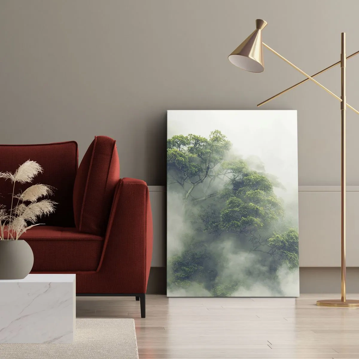 Bild auf Leinwand - Leinwandbild - Grüne Bäume im dichten Nebel vor einem natürlichen Hintergrund - 50x70cm - In Nebel gehüllt - Moderne Wanddekoration für Wohnzimmer und Schlafzimmer ARTTOR