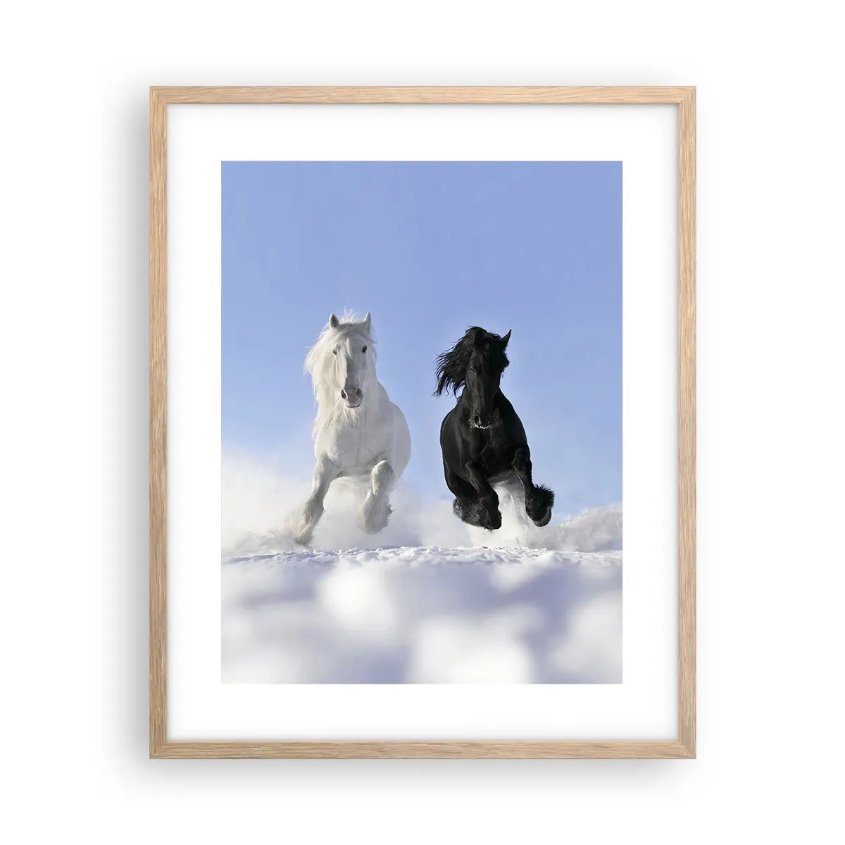 Poster in einem Rahmen aus heller Eiche - Schwarz-Weiß-Galopp - 40x50 cm