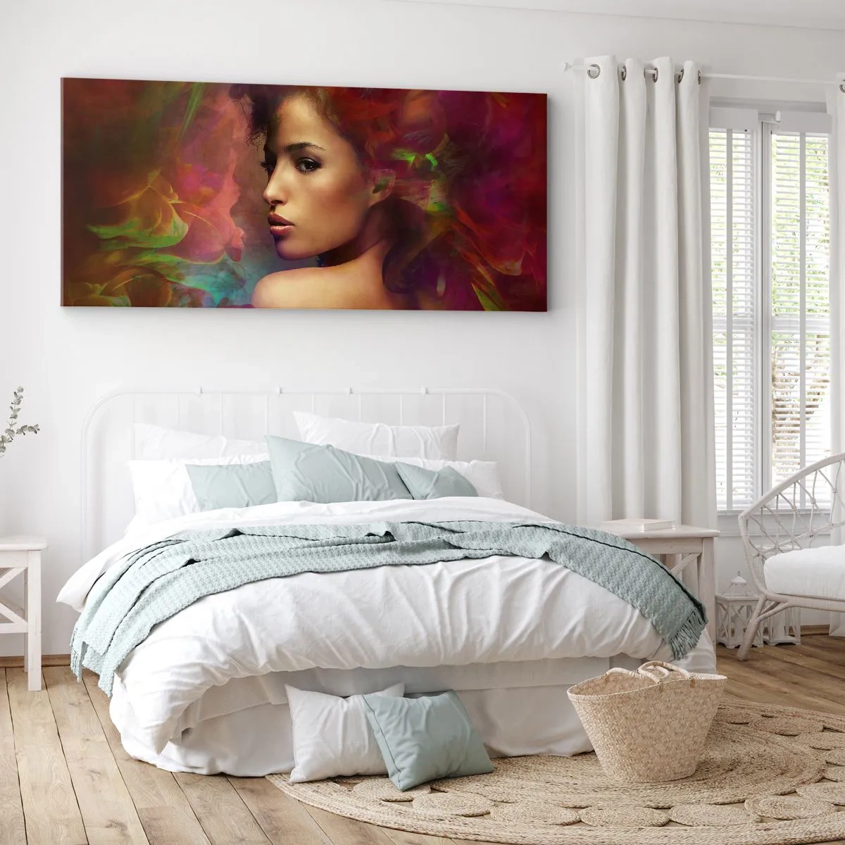 Bild auf Leinwand - Leinwandbild - Eine Frau mit bunten Reflexionen, die einen abstrakten Hintergrund erzeugen - 120x50cm - Schöner als ein Regenbogen, so zart wie ein Nebel - Moderne Wanddekoration für Wohnzimmer und Schlafzimmer ARTTOR