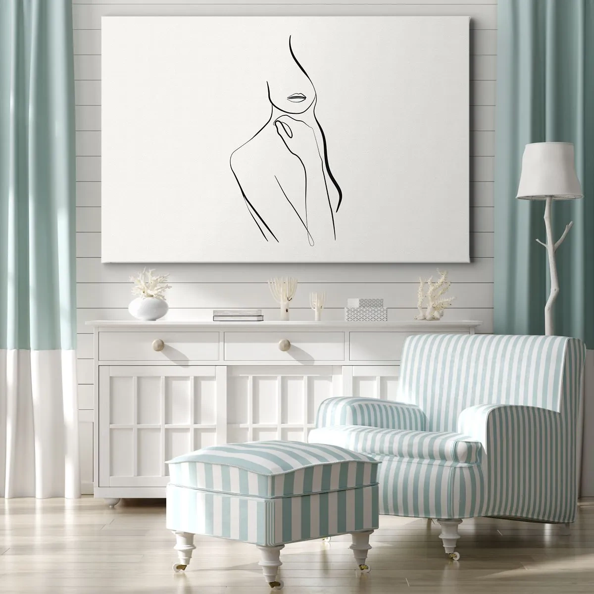 Bild auf Leinwand - Leinwandbild - Eine minimalistische Skizze der Silhouette einer Frau vor hellem Hintergrund. - 70x50cm - Eine Welle der Melancholie - Moderne Wanddekoration für Wohnzimmer und Schlafzimmer ARTTOR
